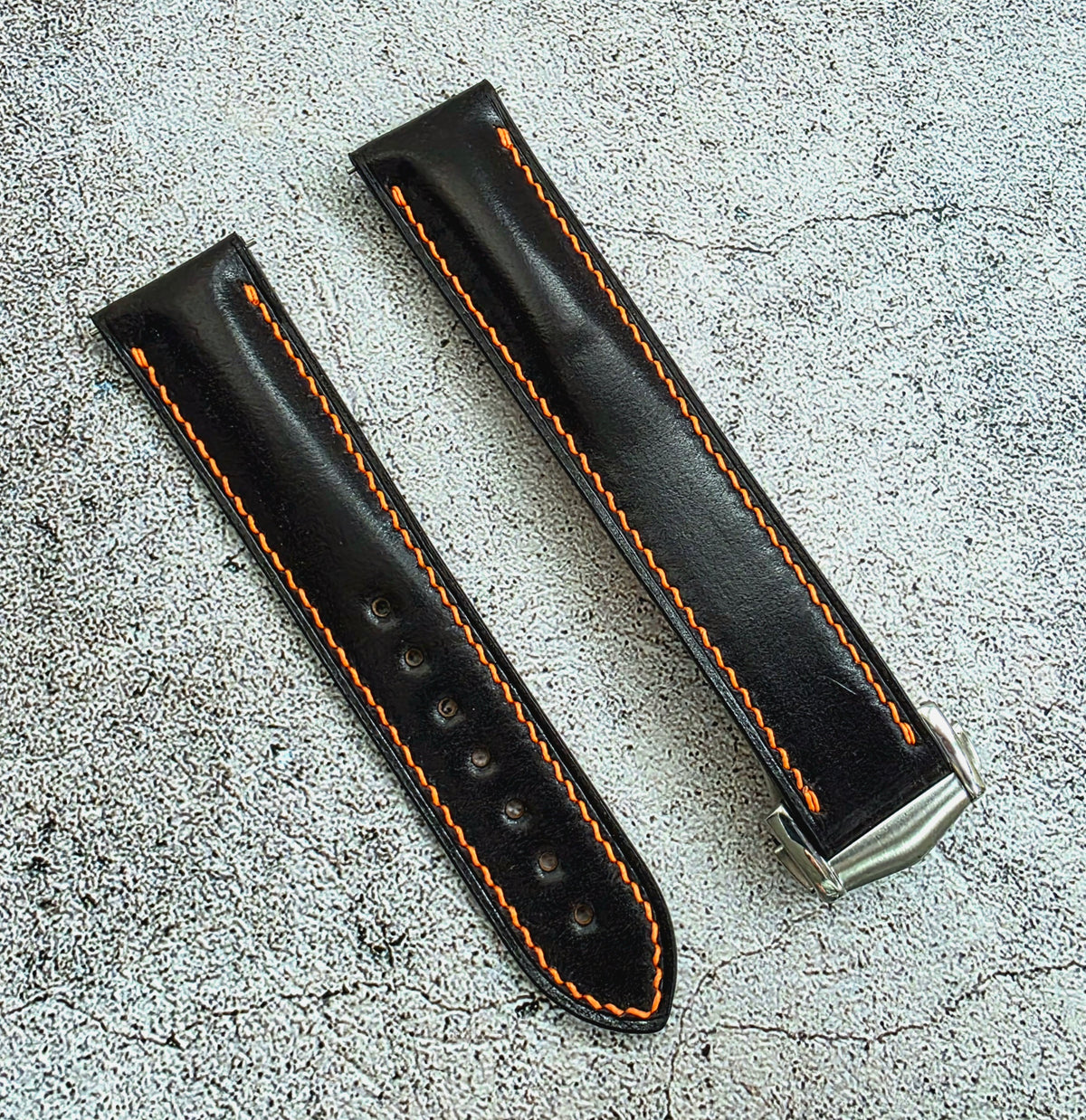 Shell Cordovan Hand Stitched Deployant Leather Strap 20mm Black Orange