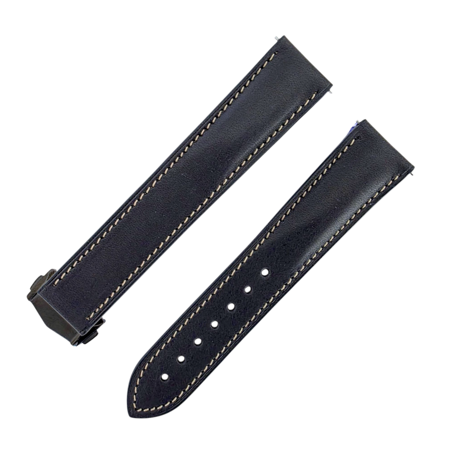 French Novanappa Full Grain Leather Deployment Watch Strap 20mm 22mm Black Cream