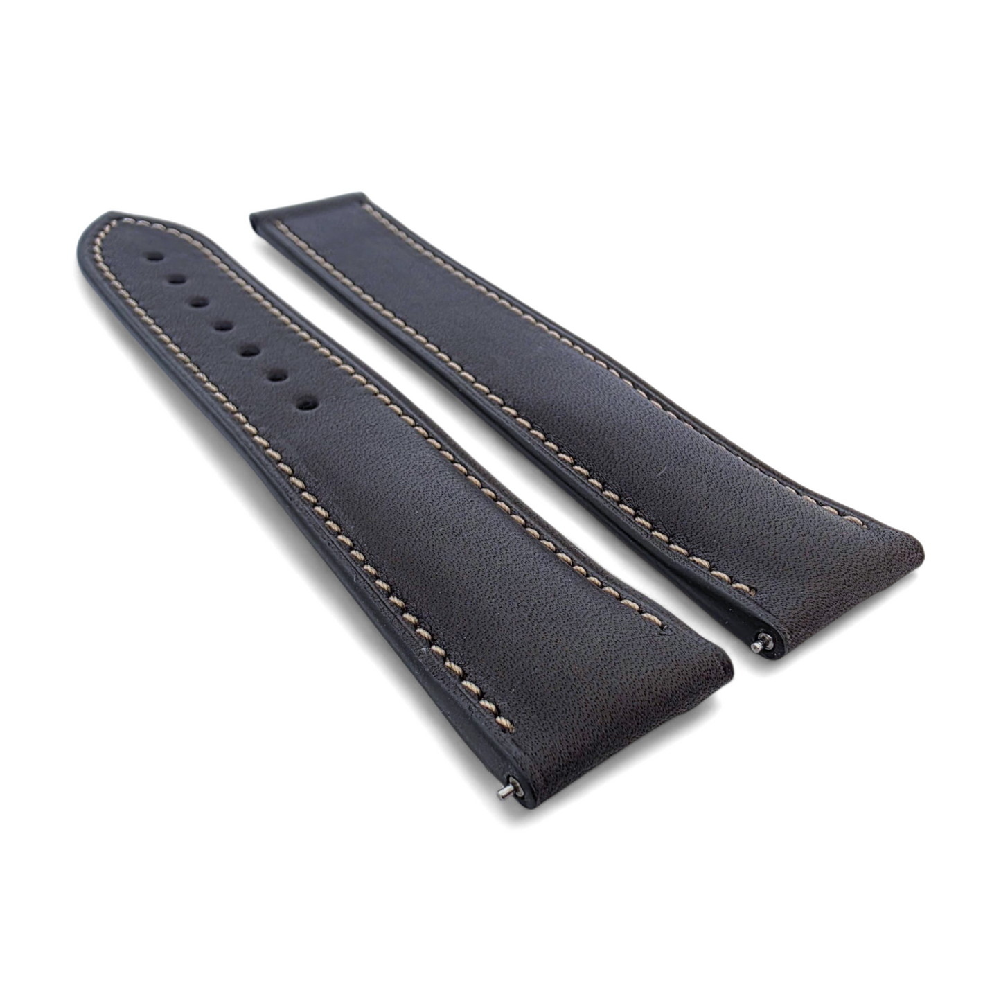 French Novanappa Full Grain Leather Deployment Watch Strap 20mm 22mm Black Cream