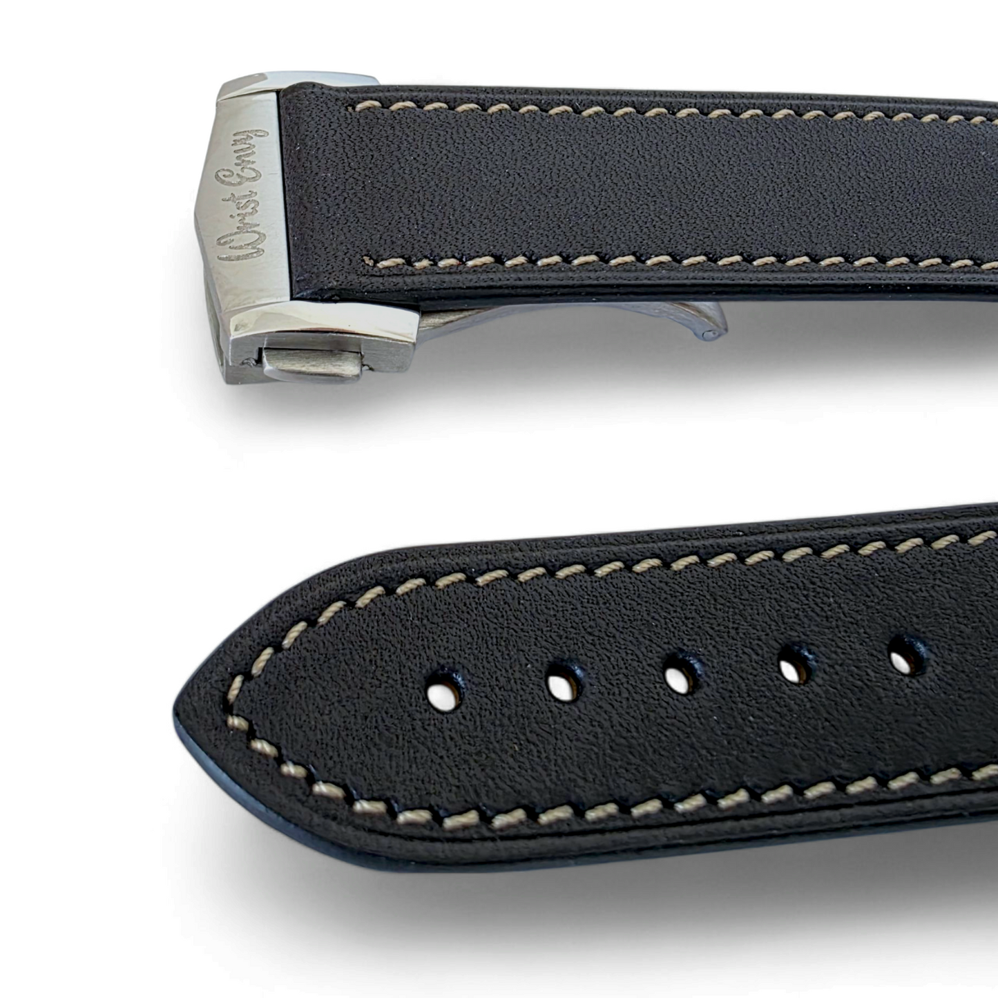 French Novanappa Full Grain Leather Deployment Watch Strap 20mm 22mm Black Cream
