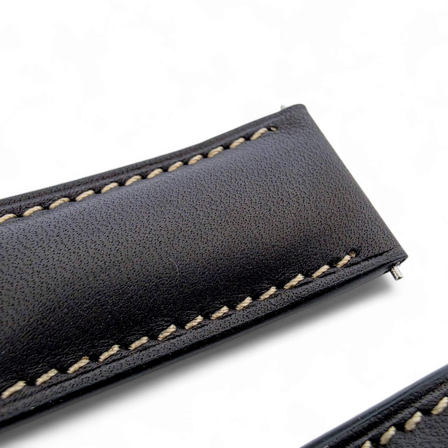 French Novanappa Full Grain Leather Deployment Watch Strap 20mm 22mm Black Cream