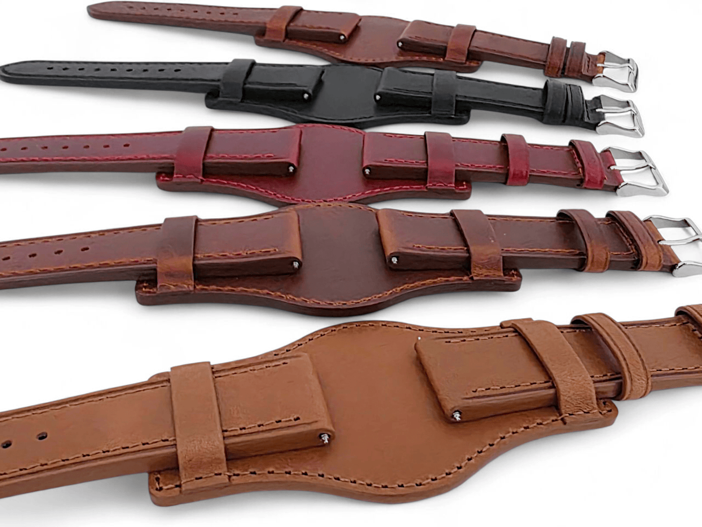 AeroMax Full Grain Leather Bund Watch Strap 20mm 22mm Black - Wrist Envy