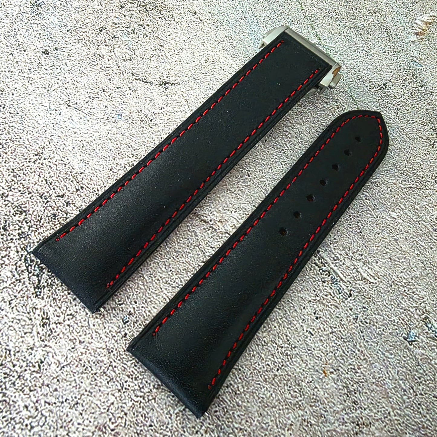 Barenia Leather Deployant Strap - Custom Ready Made - Black Red Stitching - Wrist Envy