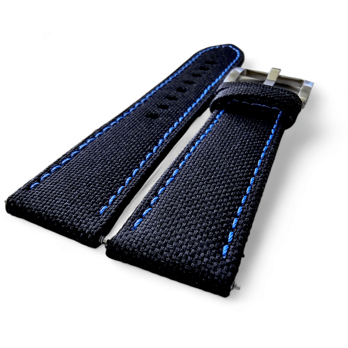 Canvas Watch Strap in Black with Blue Stitching 18mm 20mm 22mm - Wrist Envy