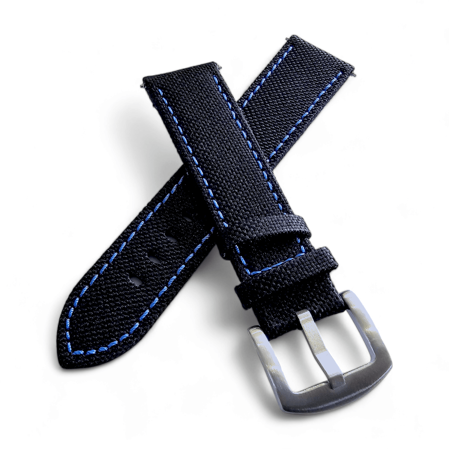 Canvas Watch Strap in Black with Blue Stitching 18mm 20mm 22mm - Wrist Envy
