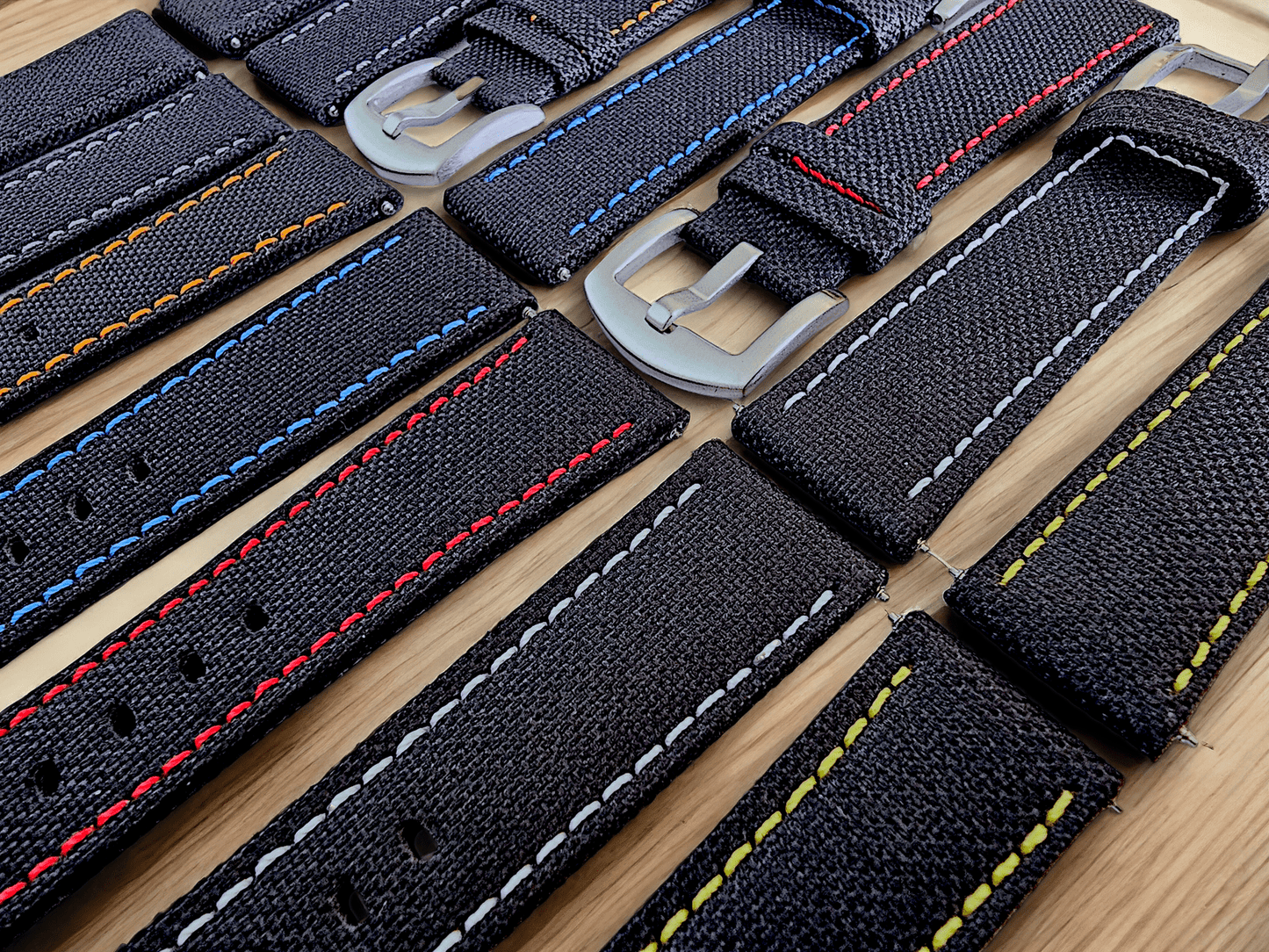 Canvas Watch Strap in Black with Blue Stitching 18mm 20mm 22mm - Wrist Envy