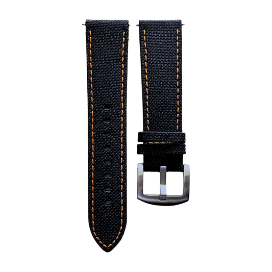 Canvas Watch Strap in Black with Orange Stitching 18mm 20mm 22mm 24mm - Wrist Envy