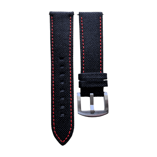 Canvas Watch Strap in Black with Red Stitching 18mm 20mm 22mm 24mm - Wrist Envy