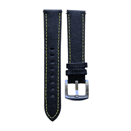 Canvas Watch Strap in Black with Yellow Stitching 18mm 20mm 22mm 24mm - Wrist Envy
