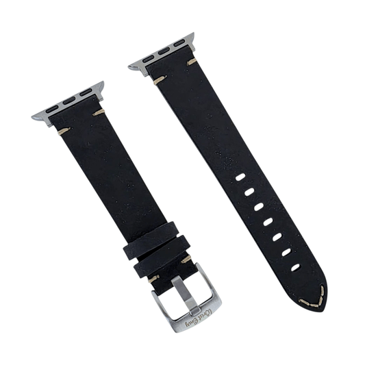 Crazy Horse Thick Leather Watch Strap For Apple Watch Black - Wrist Envy