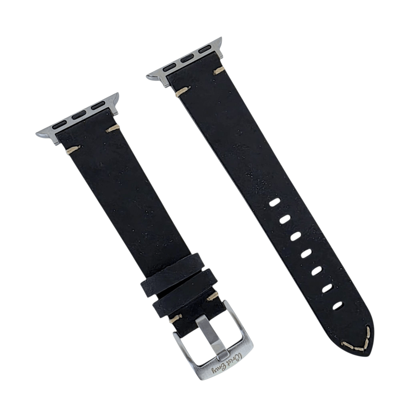 Crazy Horse Thick Leather Watch Strap For Apple Watch Black - Wrist Envy