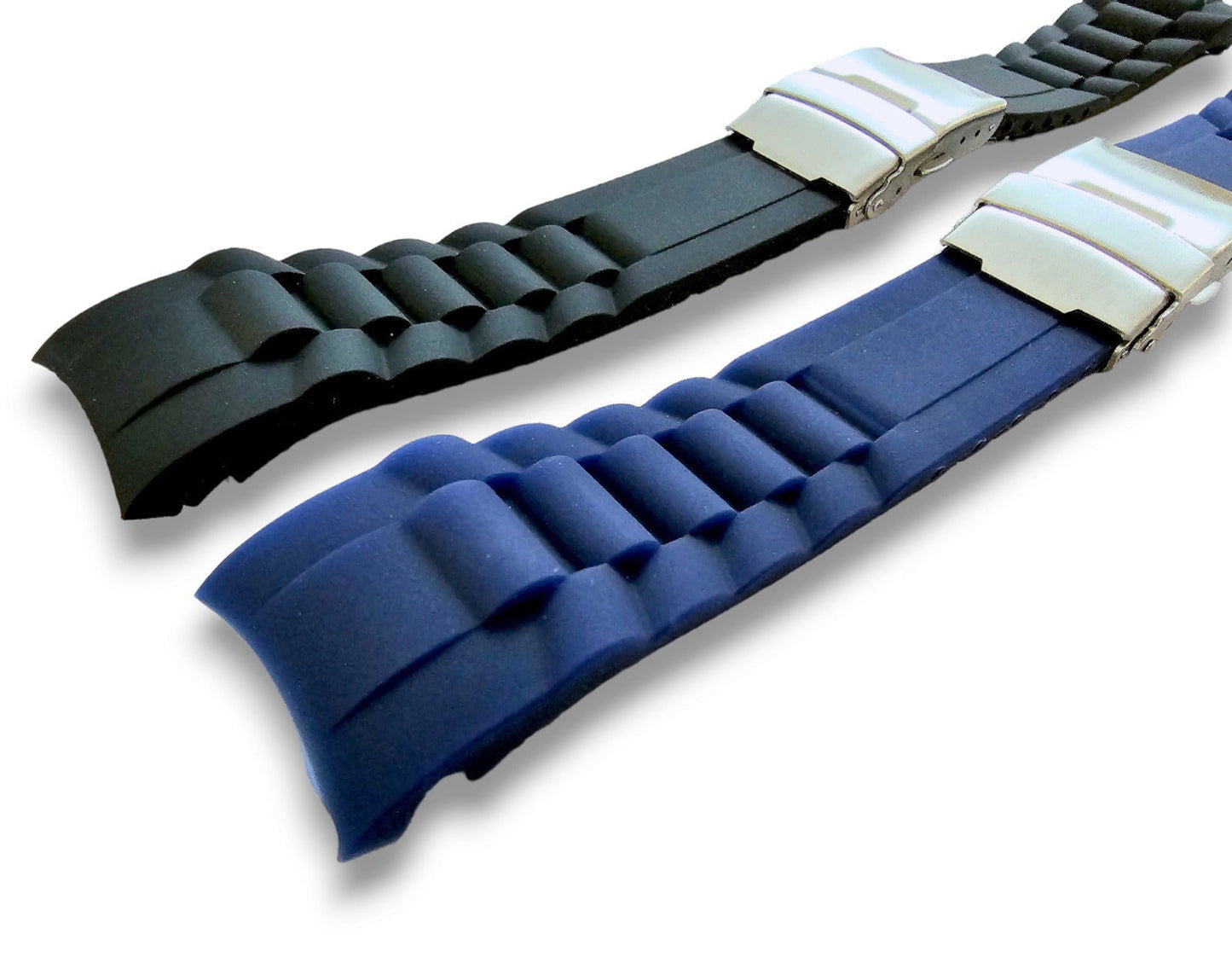 Curved End Silicone Rubber Deployment Watch Strap Band 18mm 20mm 22mm Black Blue - Wrist Envy