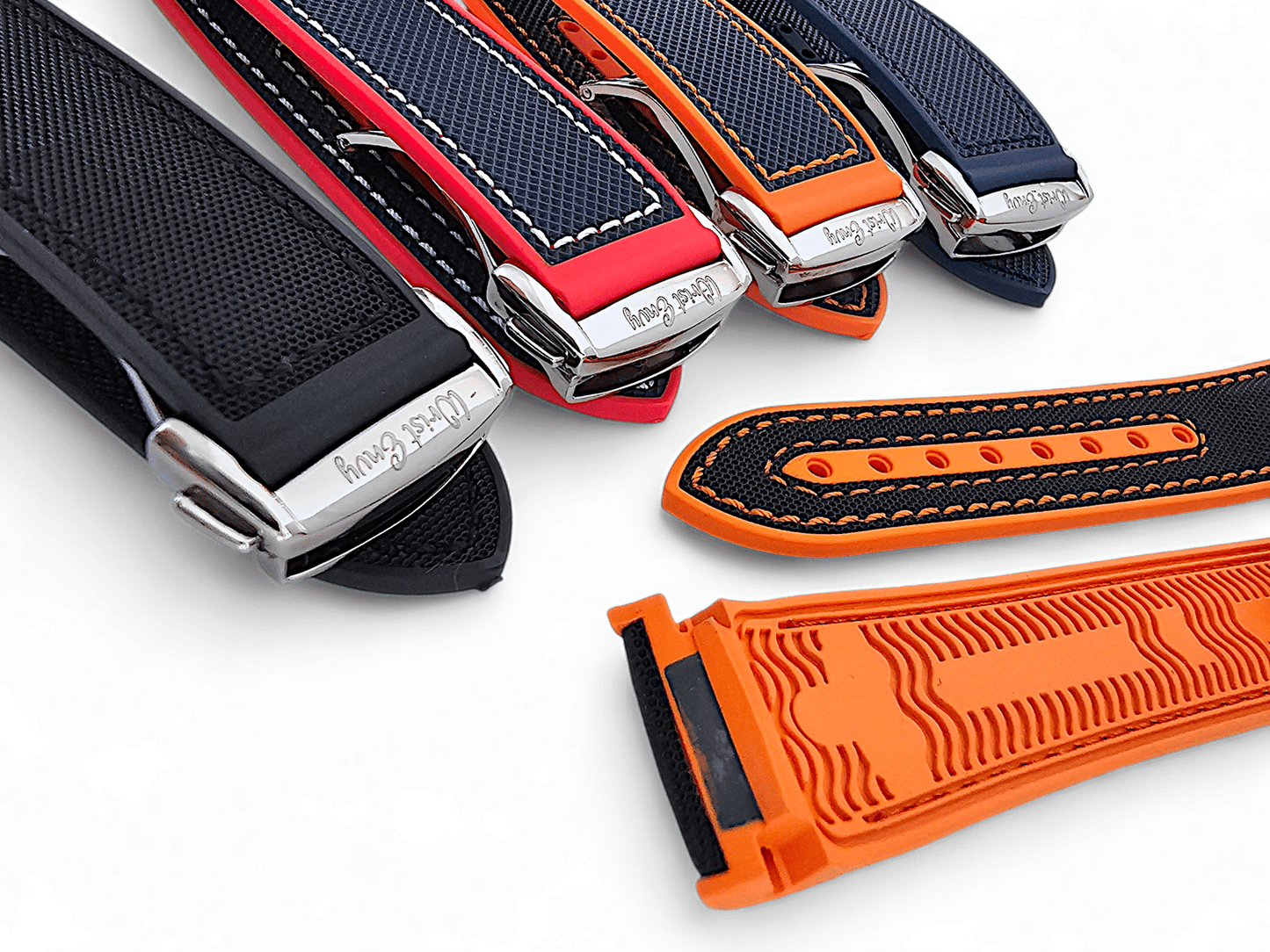 Elite Hybrid FKM Sailcloth Curved End Watch Strap 20mm 21mm 22mm Black Orange - Wrist Envy