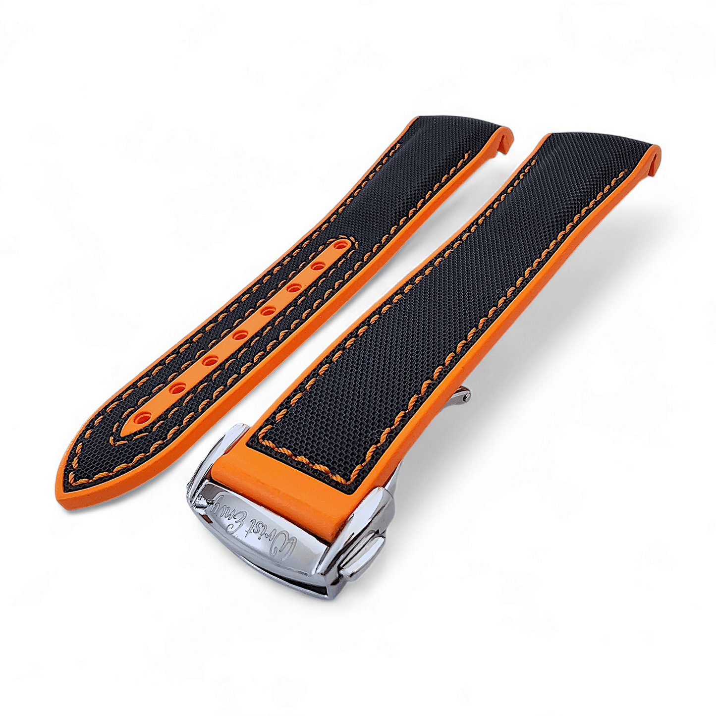 Elite Hybrid FKM Sailcloth Curved End Watch Strap 20mm 21mm 22mm Black Orange - Wrist Envy