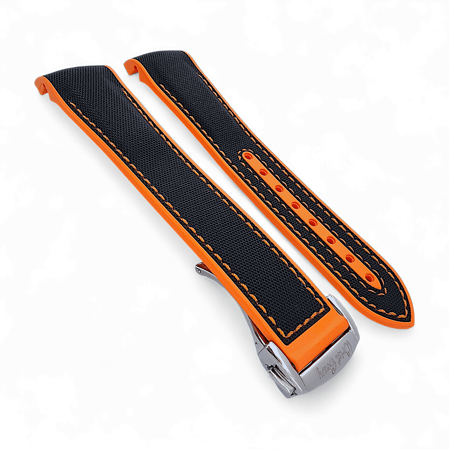 Elite Hybrid FKM Sailcloth Curved End Watch Strap 20mm 21mm 22mm Black Orange - Wrist Envy