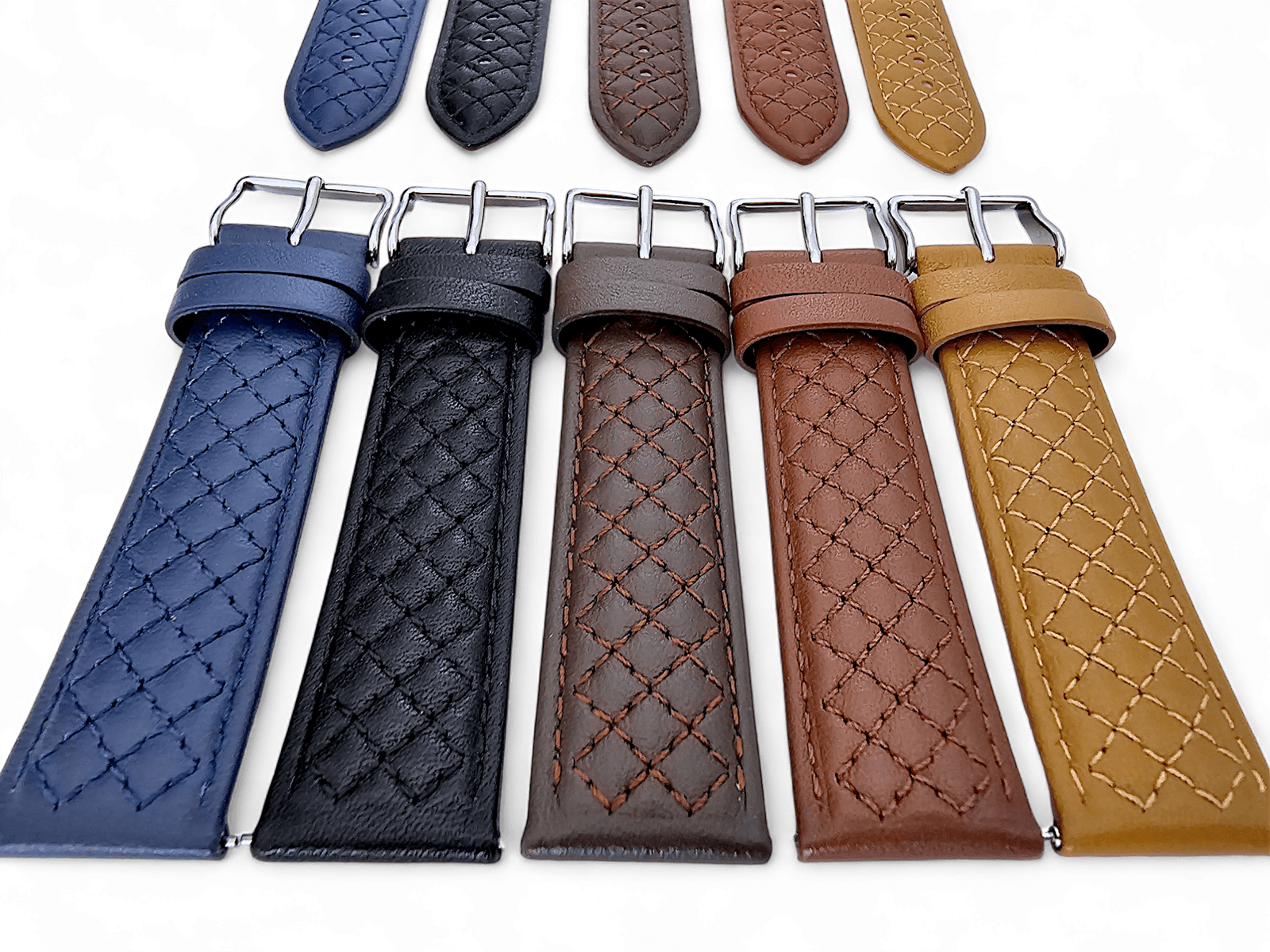 Fine Italian Leather Diamond Stitch Watch Strap Band 18mm 20mm 22mm Black - Wrist Envy