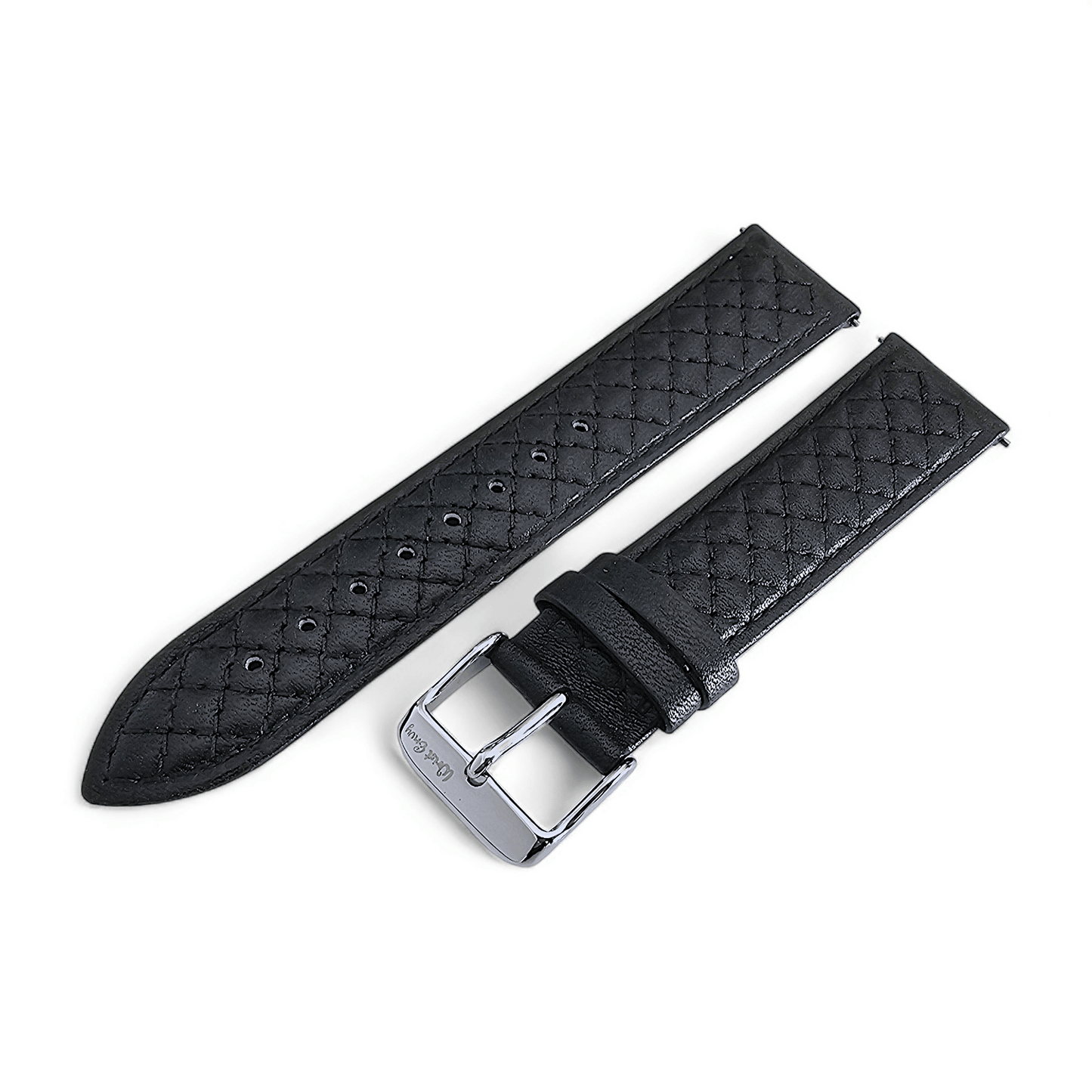 Fine Italian Leather Diamond Stitch Watch Strap Band 18mm 20mm 22mm Black - Wrist Envy