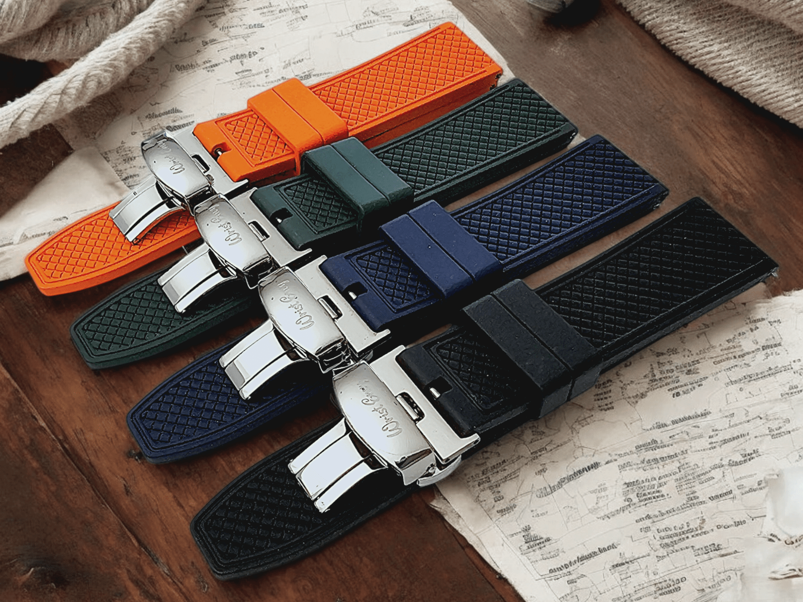 FKM Rubber Butterfly Deployment Watch Strap 20mm 22mm Black - Wrist Envy