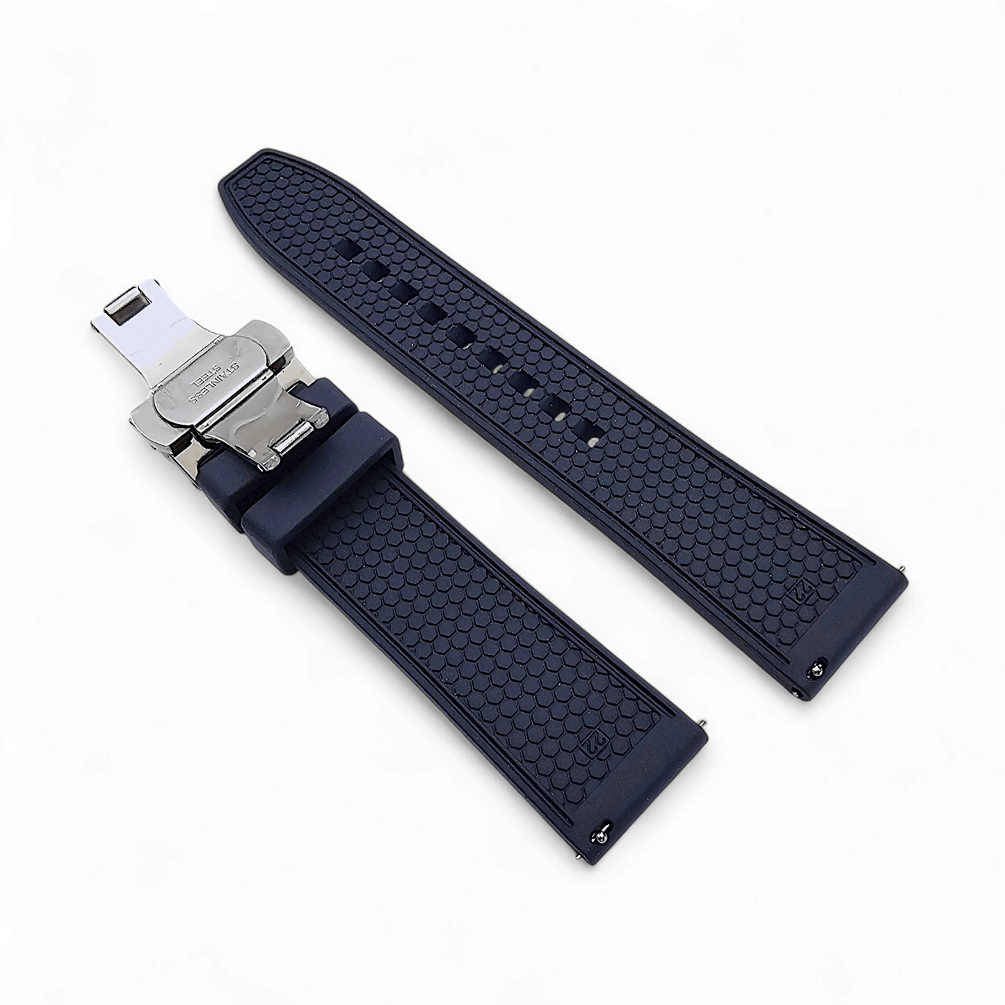 FKM Rubber Butterfly Deployment Watch Strap 20mm 22mm Navy Blue - Wrist Envy