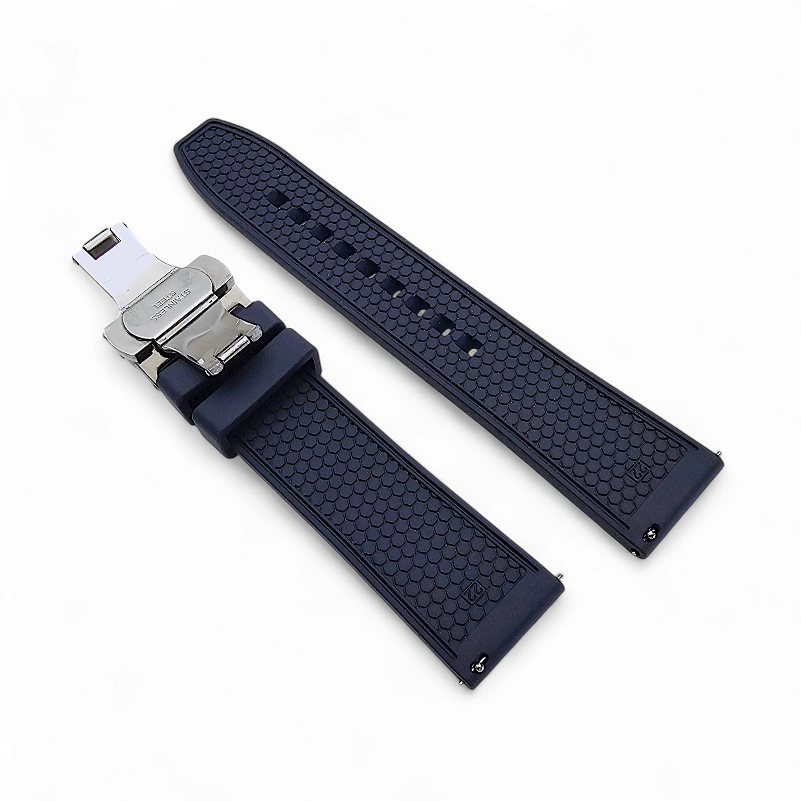 FKM Rubber Butterfly Deployment Watch Strap 20mm 22mm Navy Blue - Wrist Envy