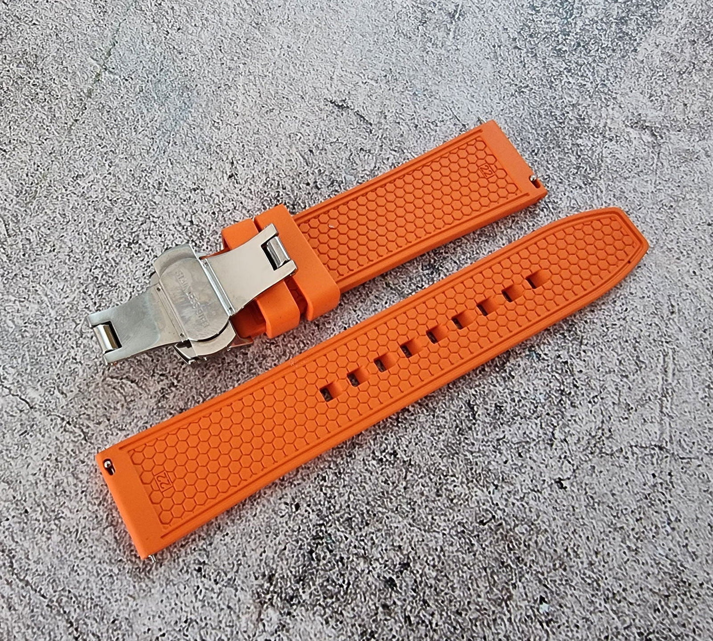 FKM Rubber Butterfly Deployment Watch Strap 20mm 22mm Orange - Wrist Envy
