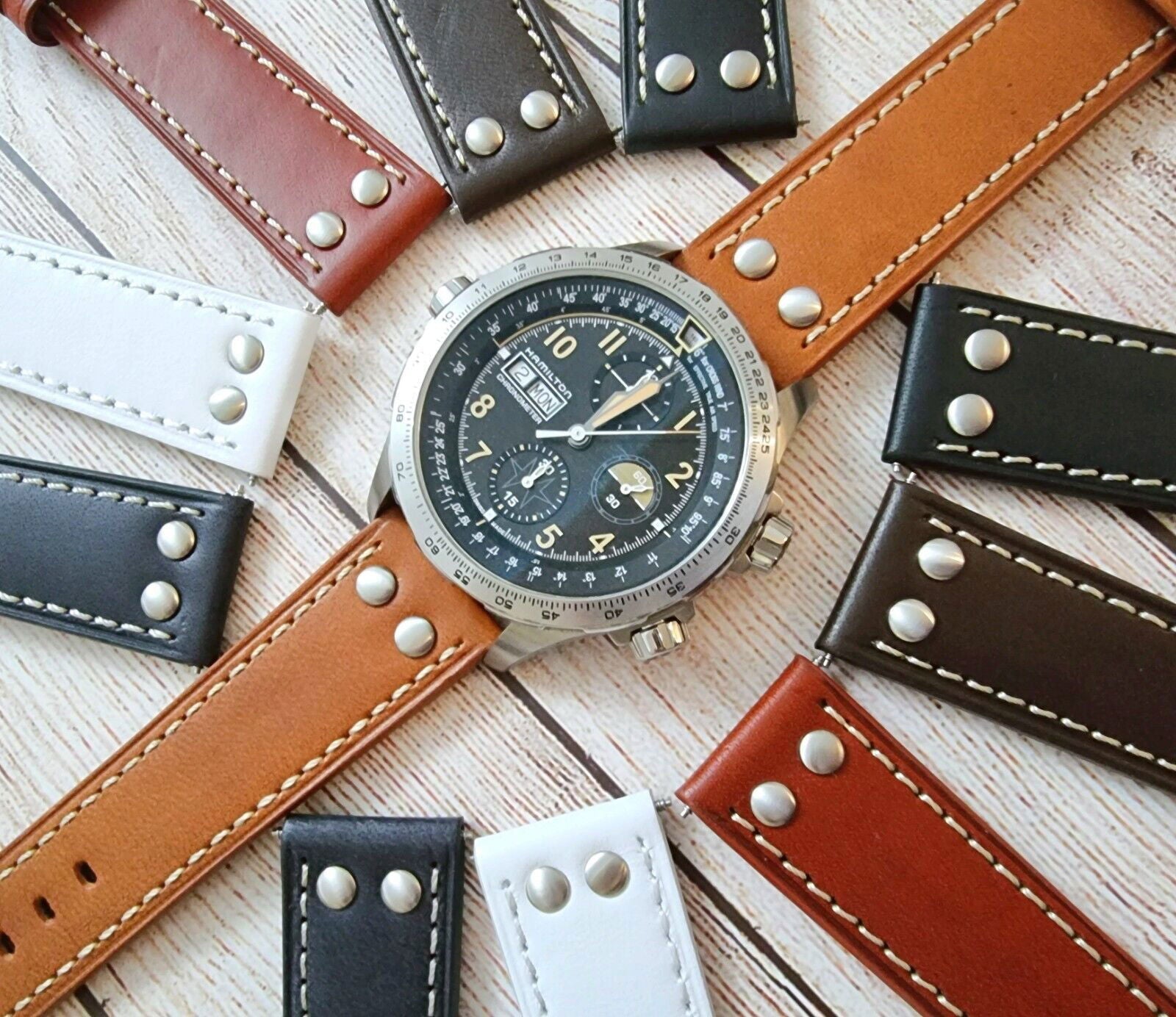 Flieger Watch Strap Rivet Stud Pilot Premium Leather Band 18mm 20mm 22mm 24mm - Wrist Envy