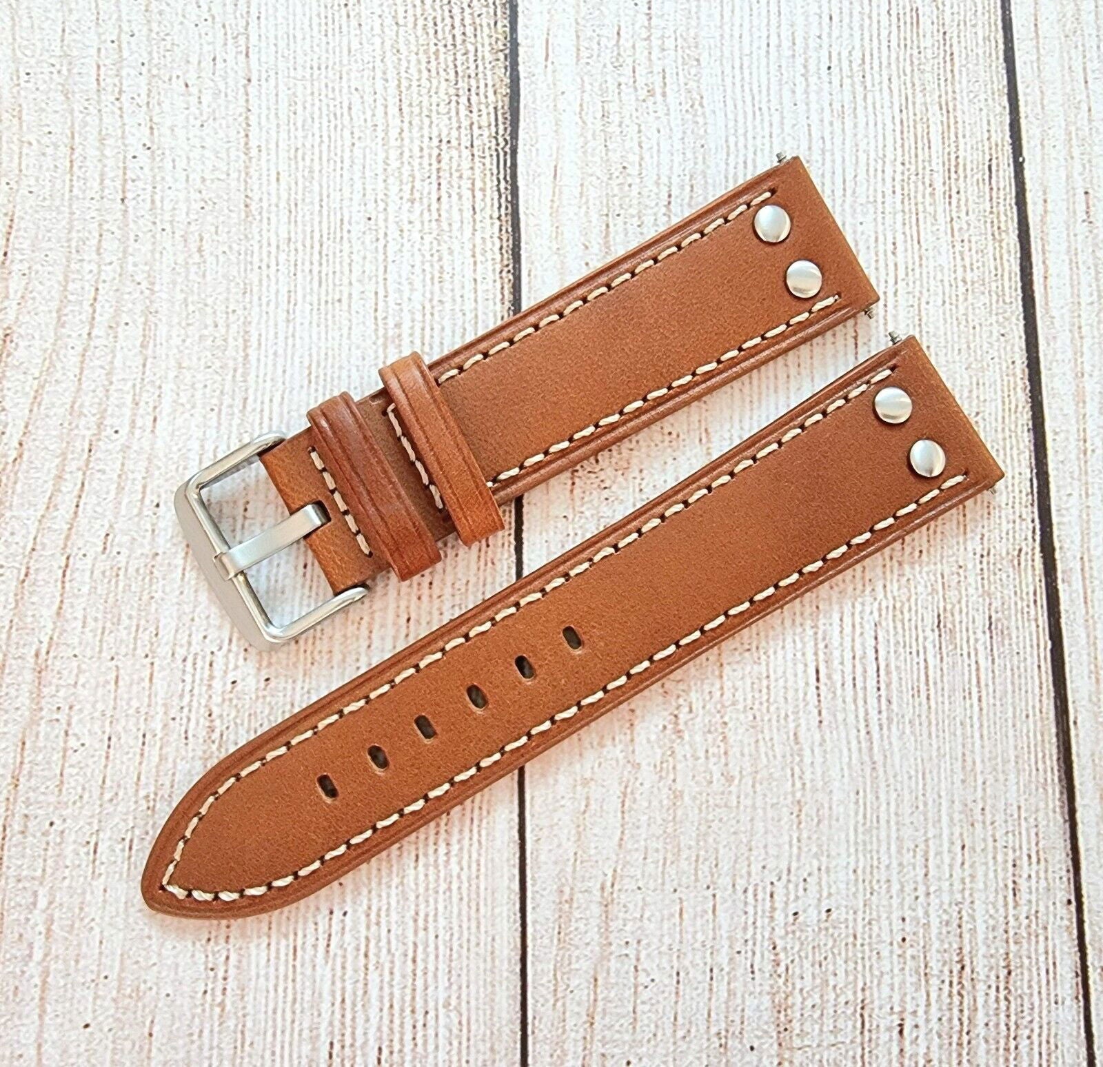 Flieger Watch Strap Rivet Stud Pilot Premium Leather Band 18mm 20mm 22mm 24mm - Wrist Envy