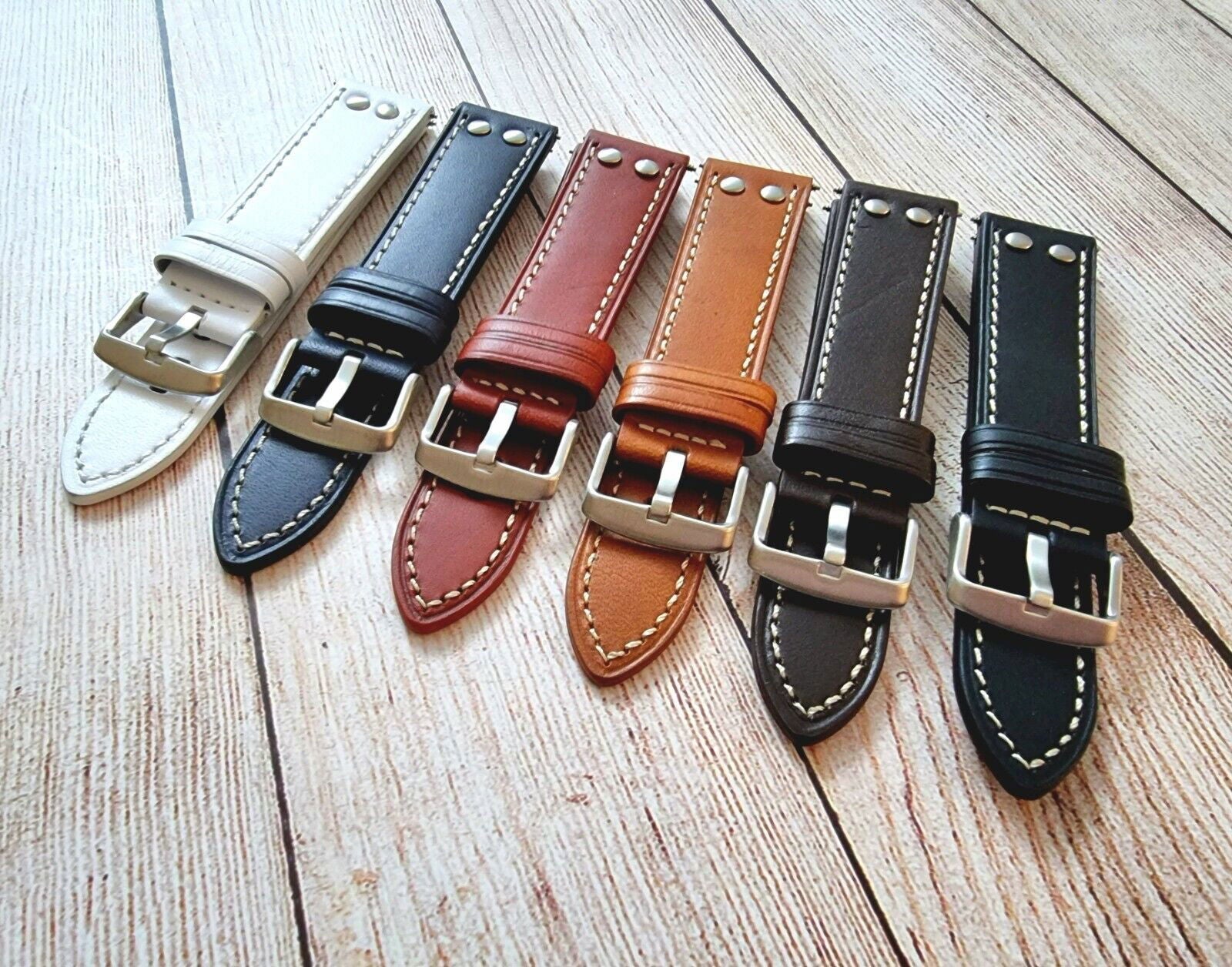 Flieger Watch Strap Rivet Stud Pilot Premium Leather Band 18mm 20mm 22mm 24mm - Wrist Envy