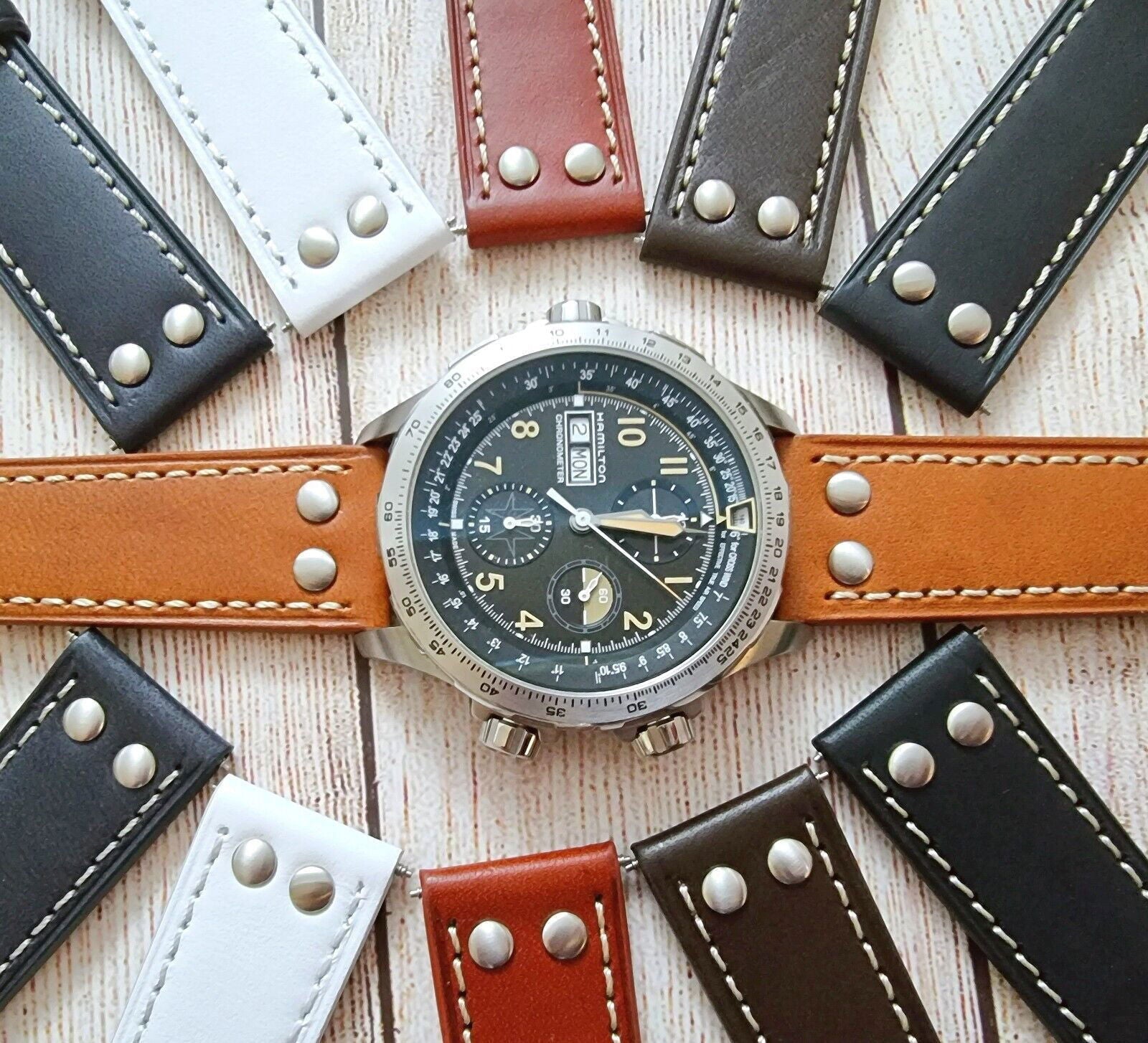 Flieger Watch Strap Rivet Stud Pilot Premium Leather Band 18mm 20mm 22mm 24mm - Wrist Envy