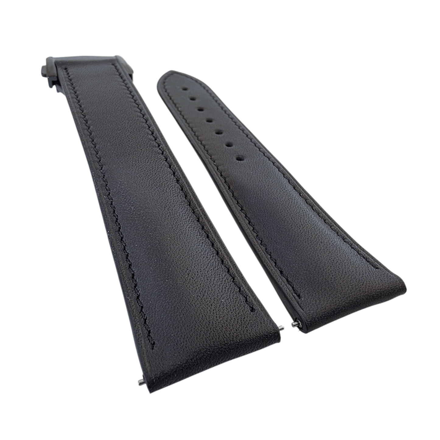 French Novanappa Full Grain Leather Deployment Watch Strap 20mm 22mm Black - Wrist Envy