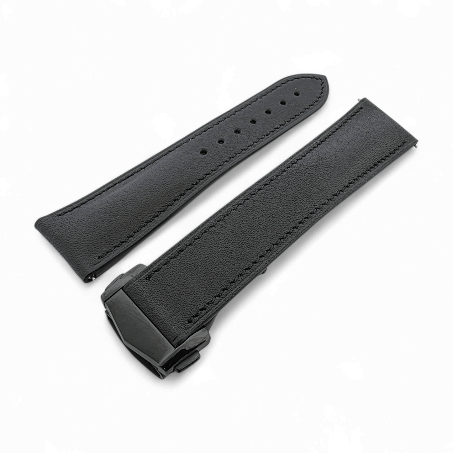French Novanappa Full Grain Leather Deployment Watch Strap 20mm 22mm Black - Wrist Envy