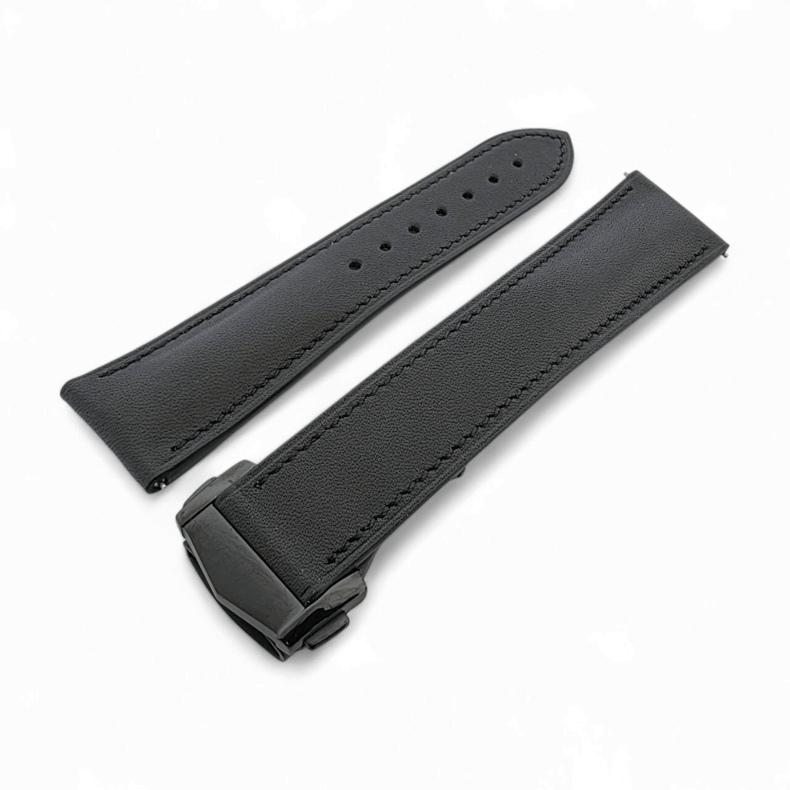 French Novanappa Full Grain Leather Deployment Watch Strap 20mm 22mm Black - Wrist Envy