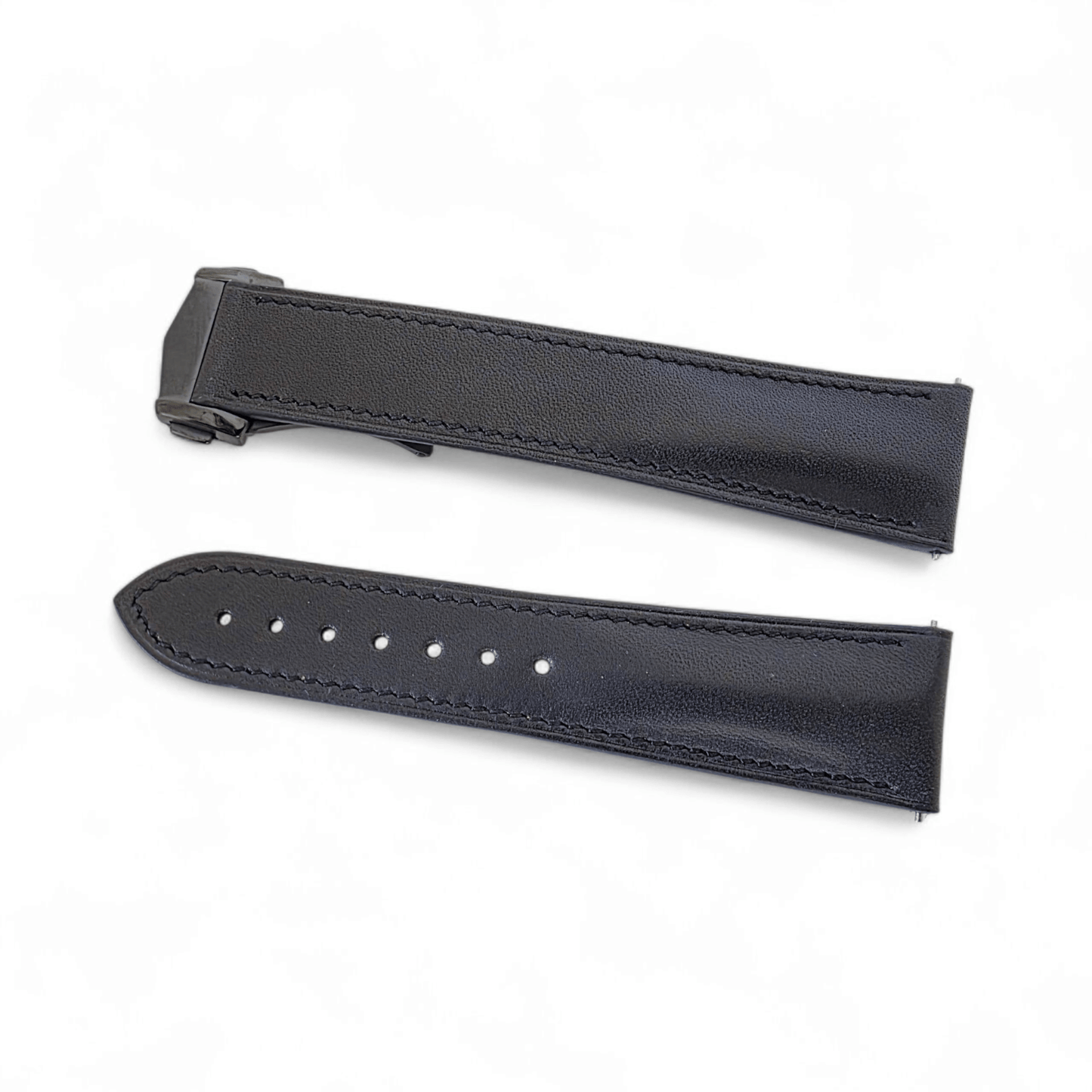 French Novanappa Full Grain Leather Deployment Watch Strap 20mm 22mm Black - Wrist Envy