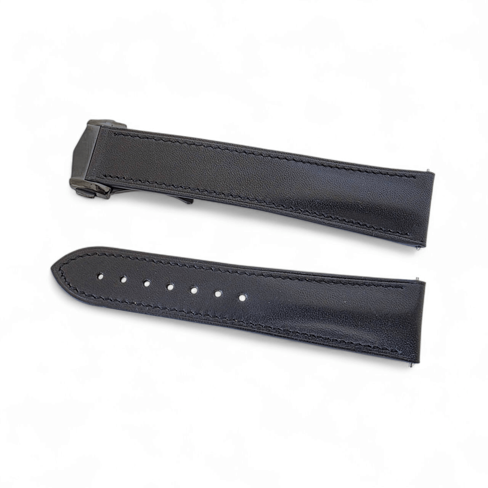 French Novanappa Full Grain Leather Deployment Watch Strap 20mm 22mm Black - Wrist Envy