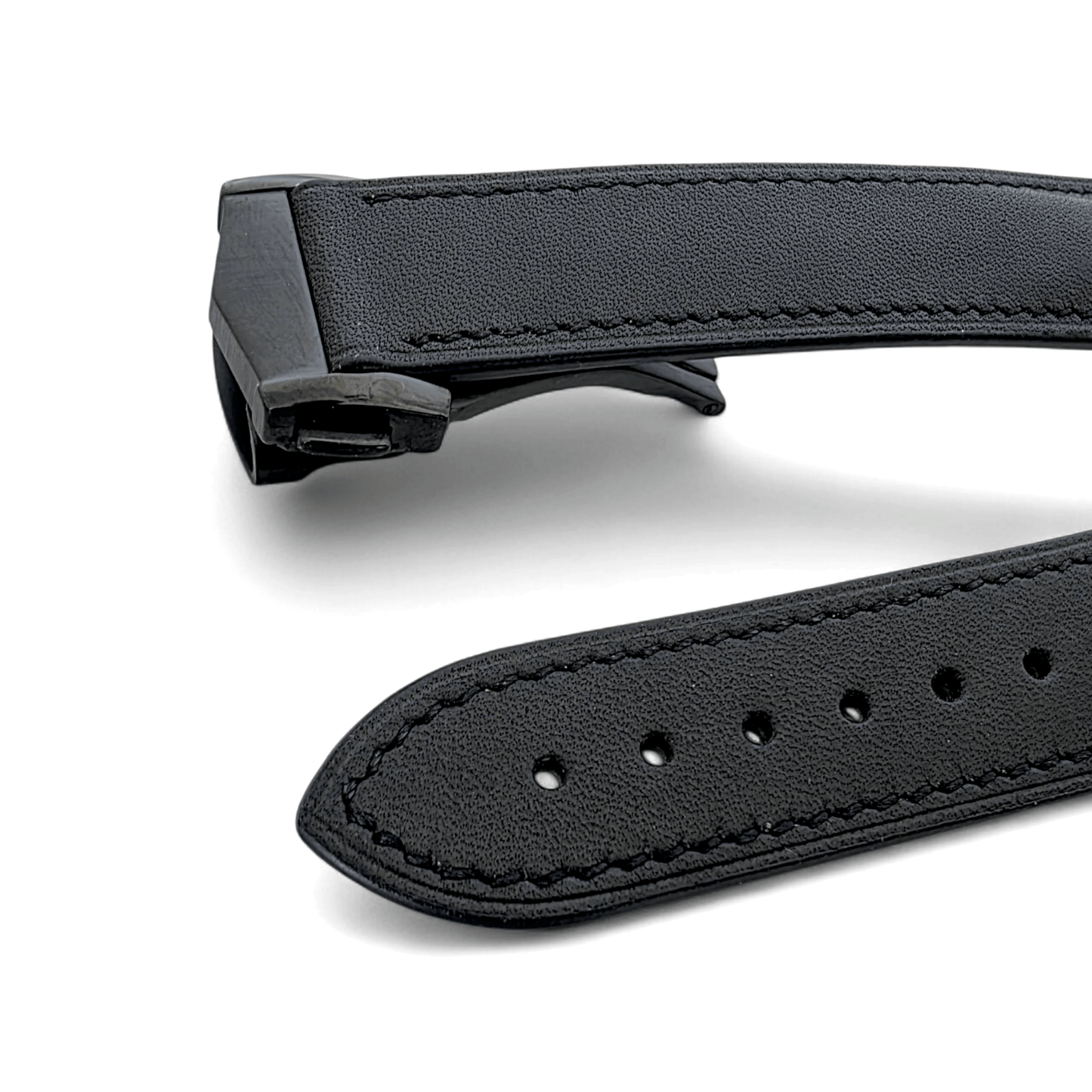 French Novanappa Full Grain Leather Deployment Watch Strap 20mm 22mm Black - Wrist Envy