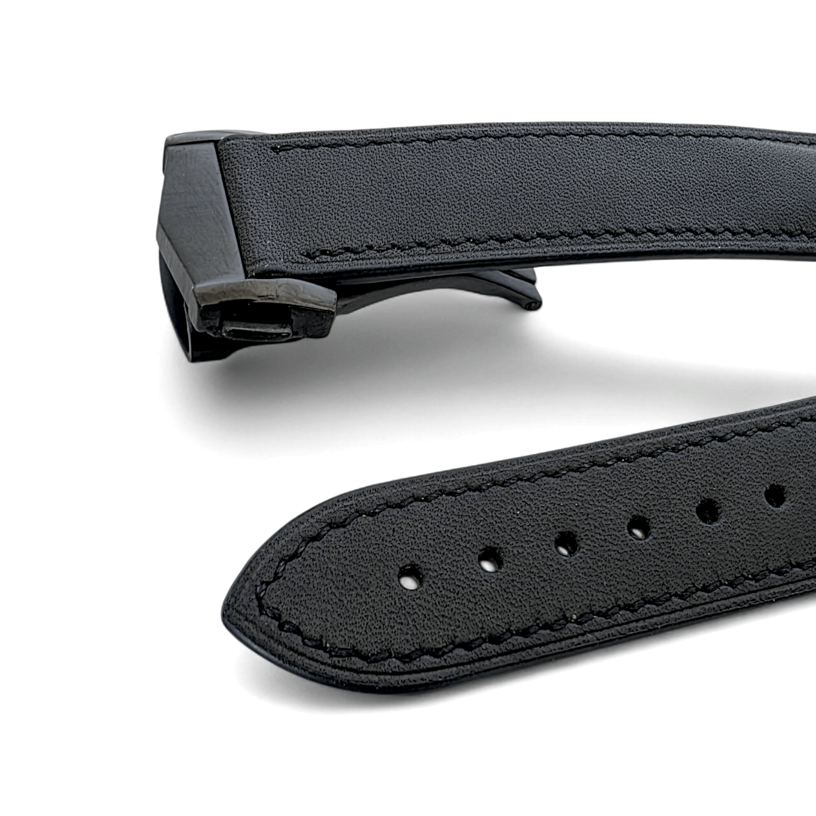 French Novanappa Full Grain Leather Deployment Watch Strap 20mm 22mm Black - Wrist Envy