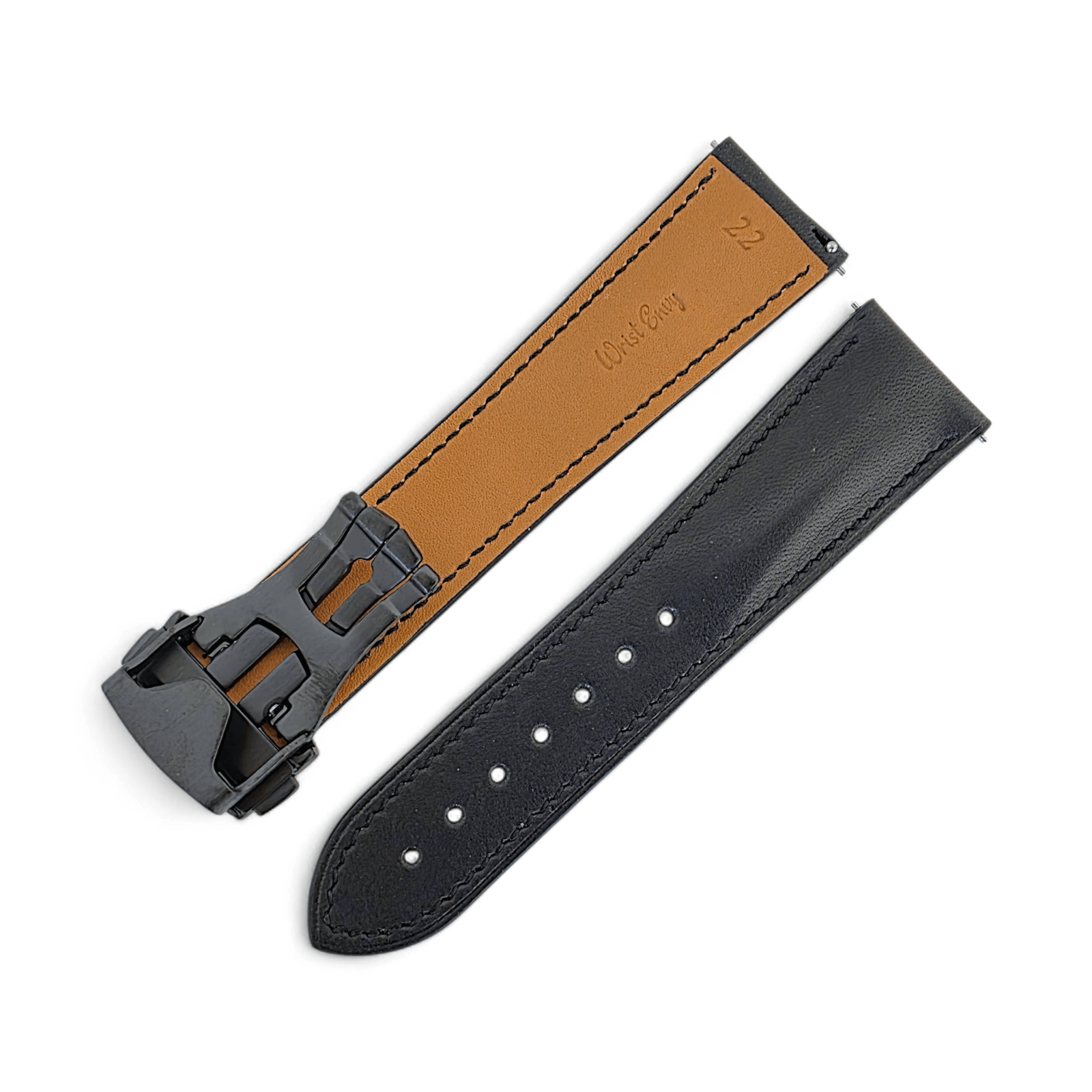 French Novanappa Full Grain Leather Deployment Watch Strap 20mm 22mm Black - Wrist Envy