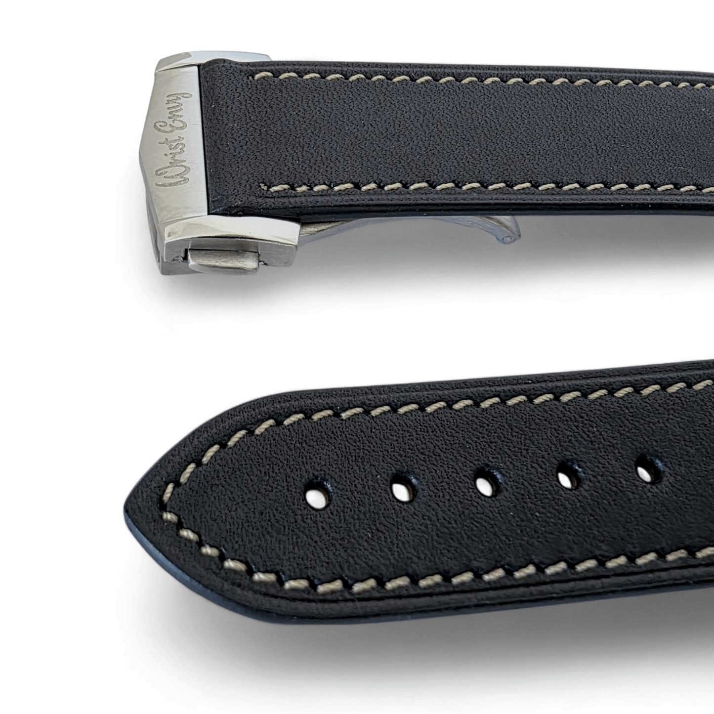 French Novanappa Full Grain Leather Deployment Watch Strap 20mm 22mm Black Cream - Wrist Envy