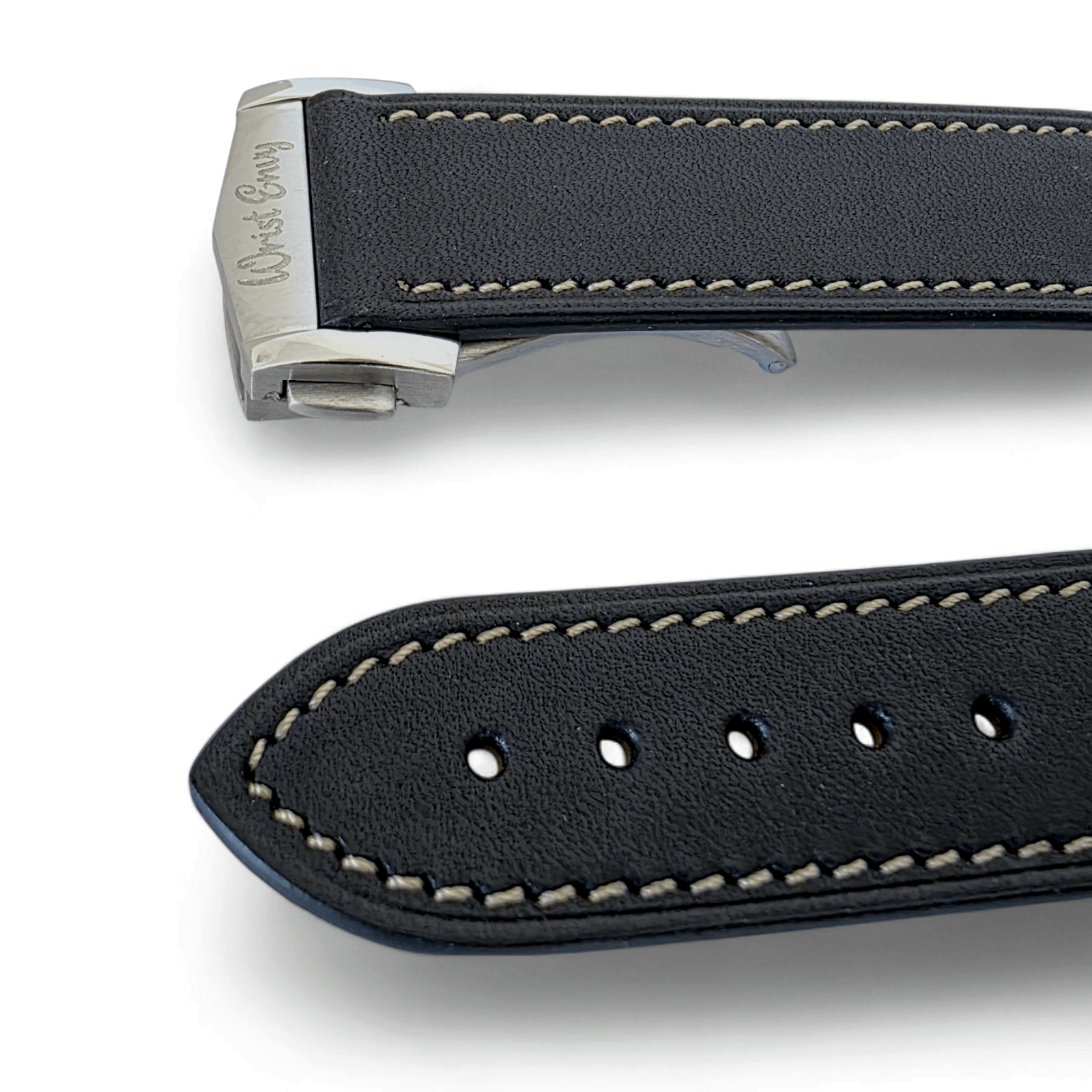 French Novanappa Full Grain Leather Deployment Watch Strap 20mm 22mm Black Cream - Wrist Envy