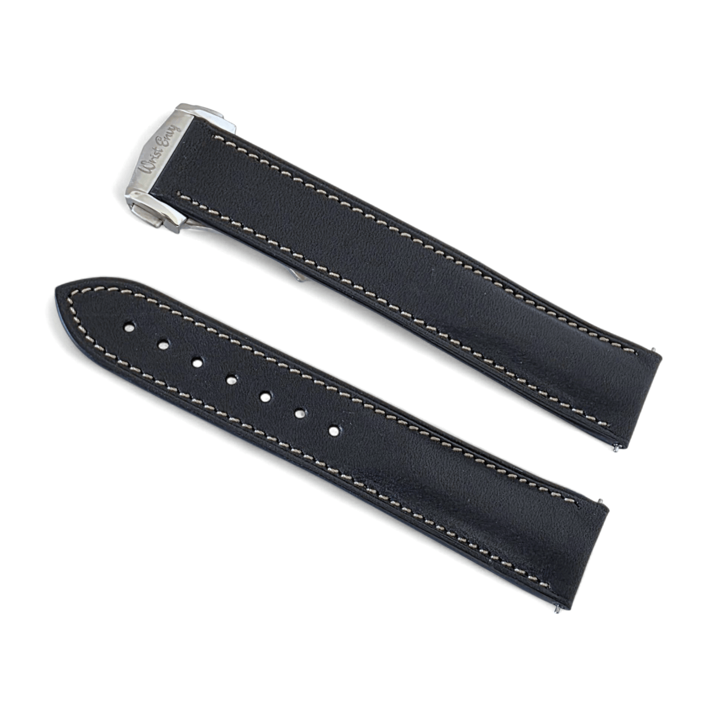 French Novanappa Full Grain Leather Deployment Watch Strap 20mm 22mm Black Cream - Wrist Envy