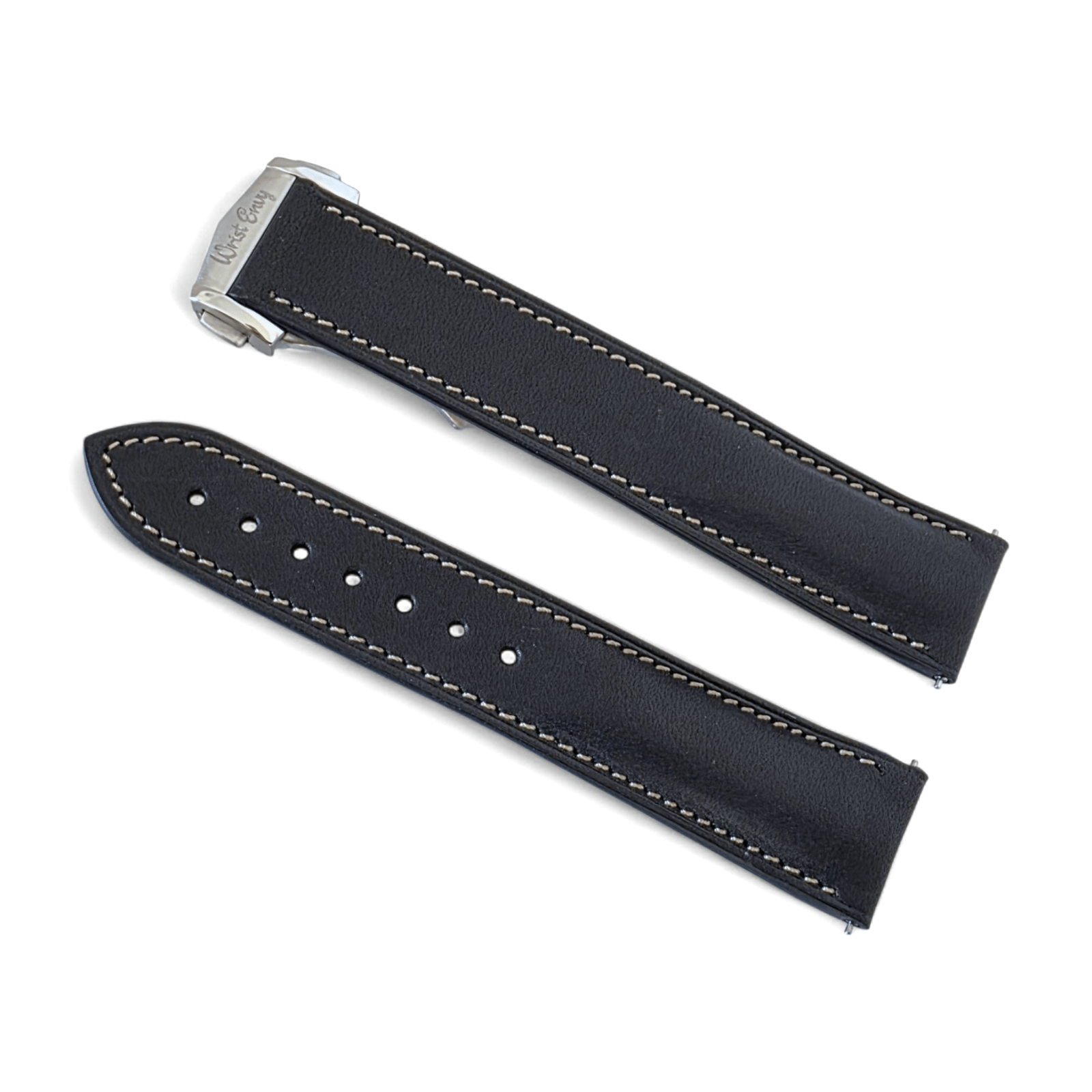 French Novanappa Full Grain Leather Deployment Watch Strap 20mm 22mm Black Cream - Wrist Envy