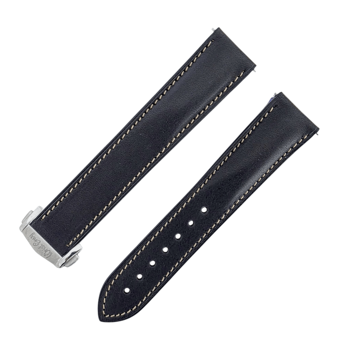 French Novanappa Full Grain Leather Deployment Watch Strap 20mm 22mm Black Cream - Wrist Envy