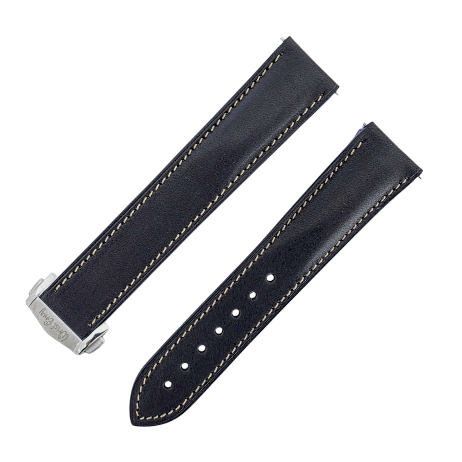 French Novanappa Full Grain Leather Deployment Watch Strap 20mm 22mm Black Cream - Wrist Envy