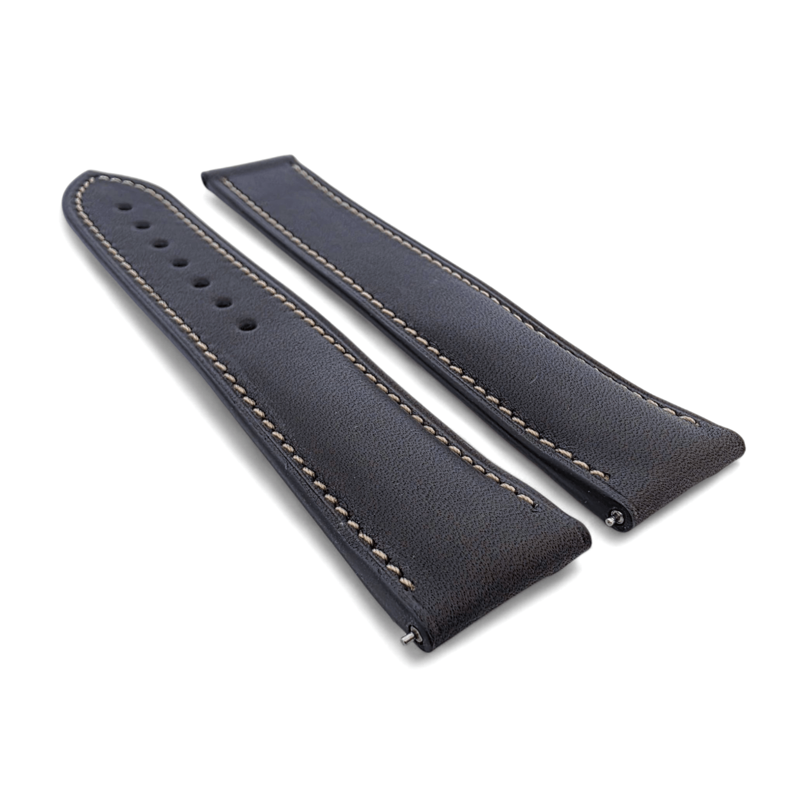 French Novanappa Full Grain Leather Deployment Watch Strap 20mm 22mm Black Cream - Wrist Envy