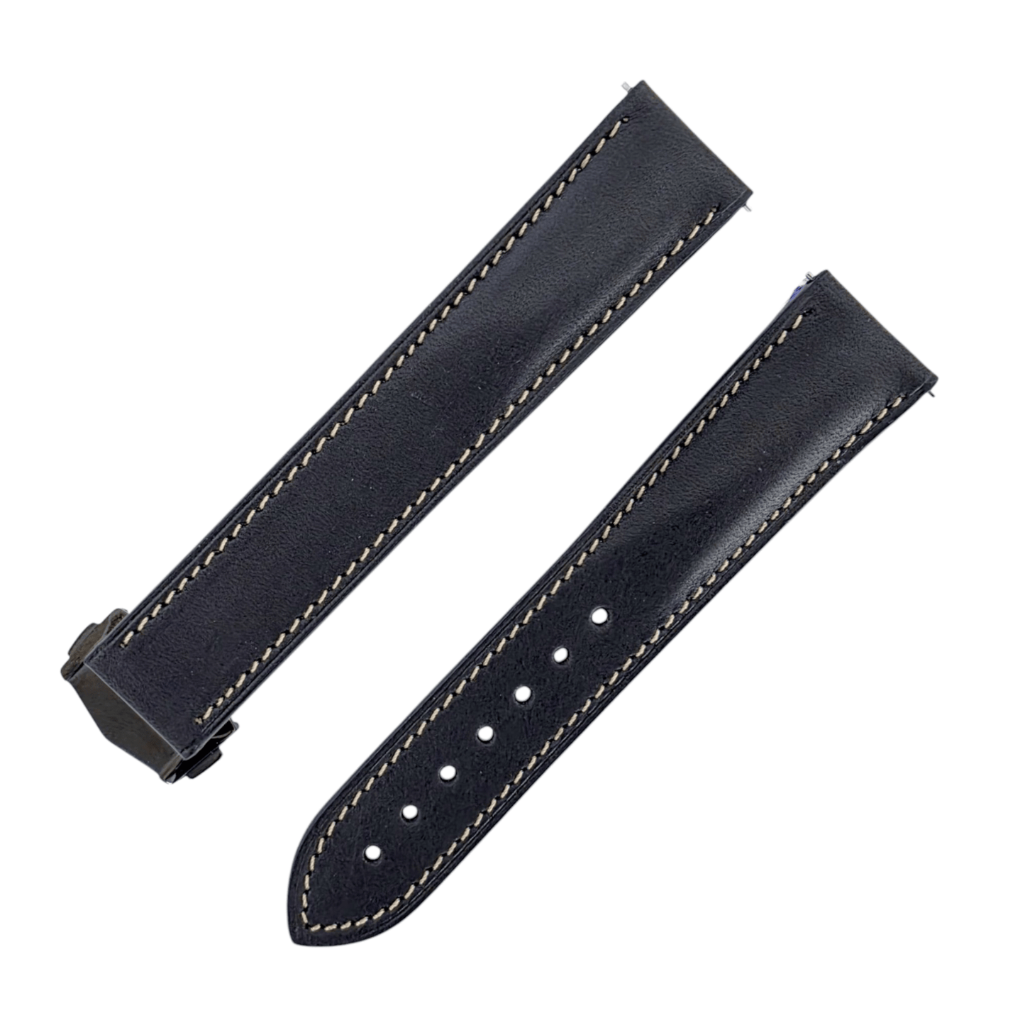 French Novanappa Full Grain Leather Deployment Watch Strap 20mm 22mm Black Cream - Wrist Envy