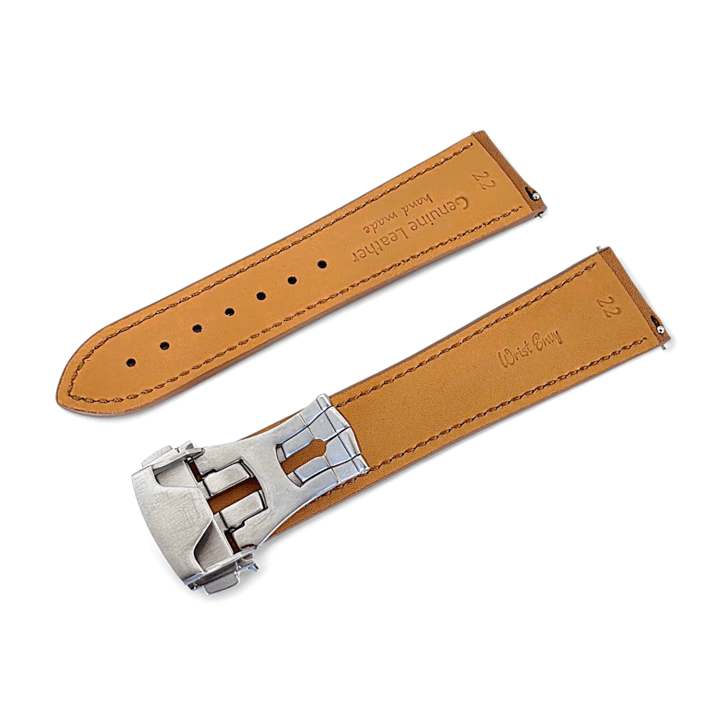 French Novanappa Full Grain Leather Deployment Watch Strap 20mm 22mm Golden Brown Cream - Wrist Envy