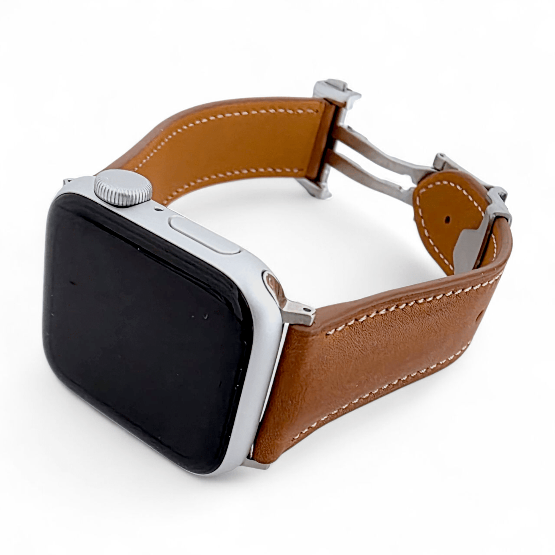 French Novanappa Leather Watch Strap With Deployment For Apple Watch Brown Stitched - Wrist Envy