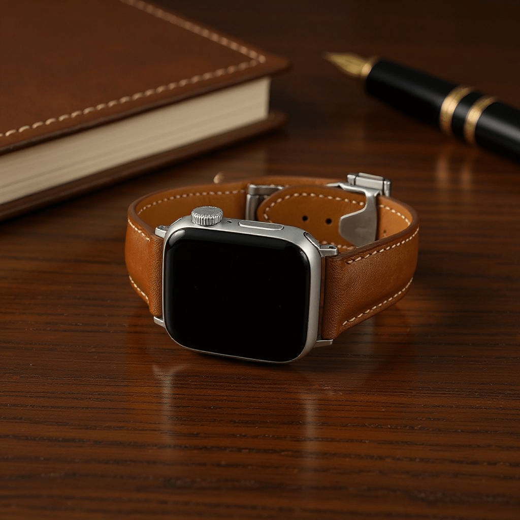 French Novanappa Leather Watch Strap With Deployment For Apple Watch Brown Stitched - Wrist Envy