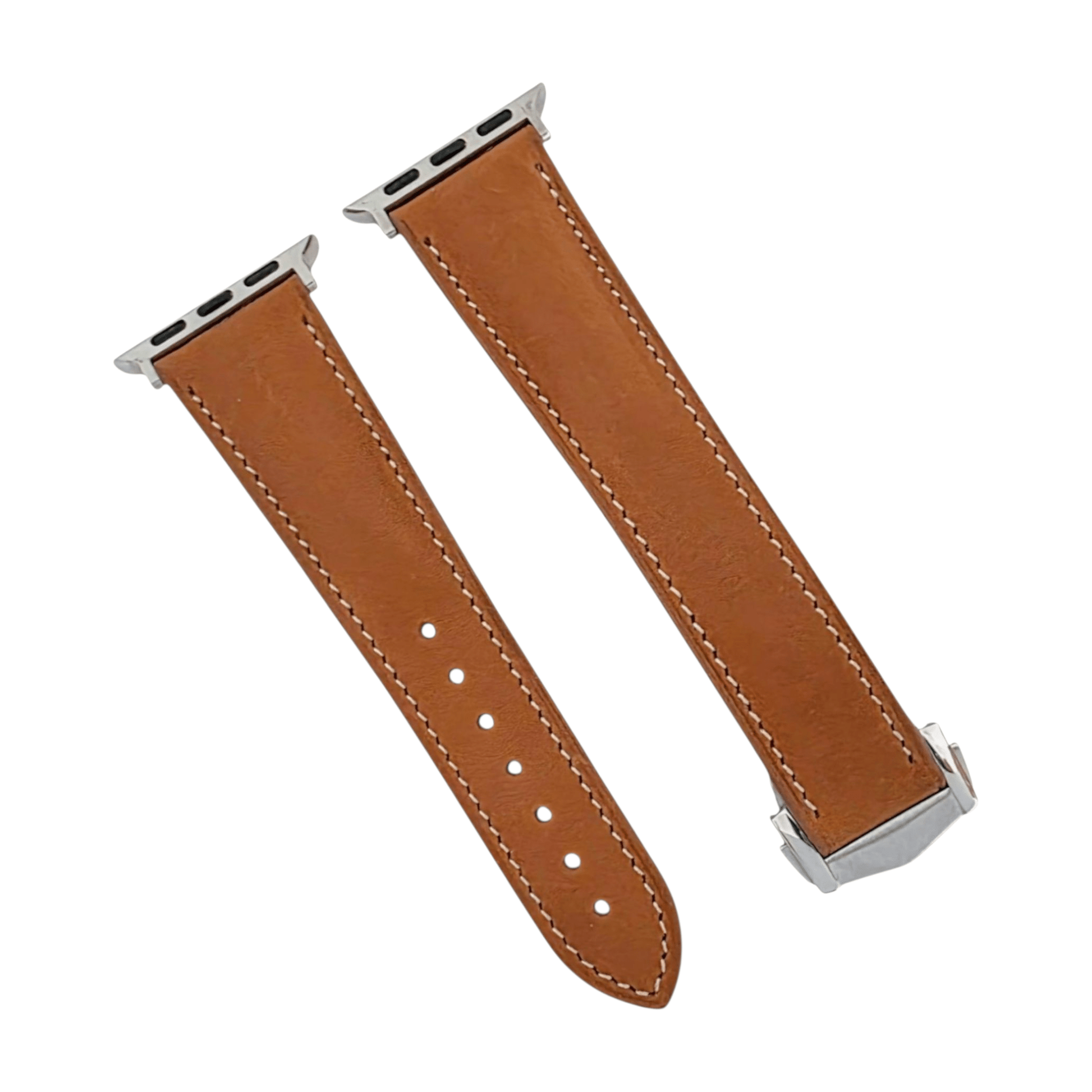 French Novanappa Leather Watch Strap With Deployment For Apple Watch Brown Stitched - Wrist Envy