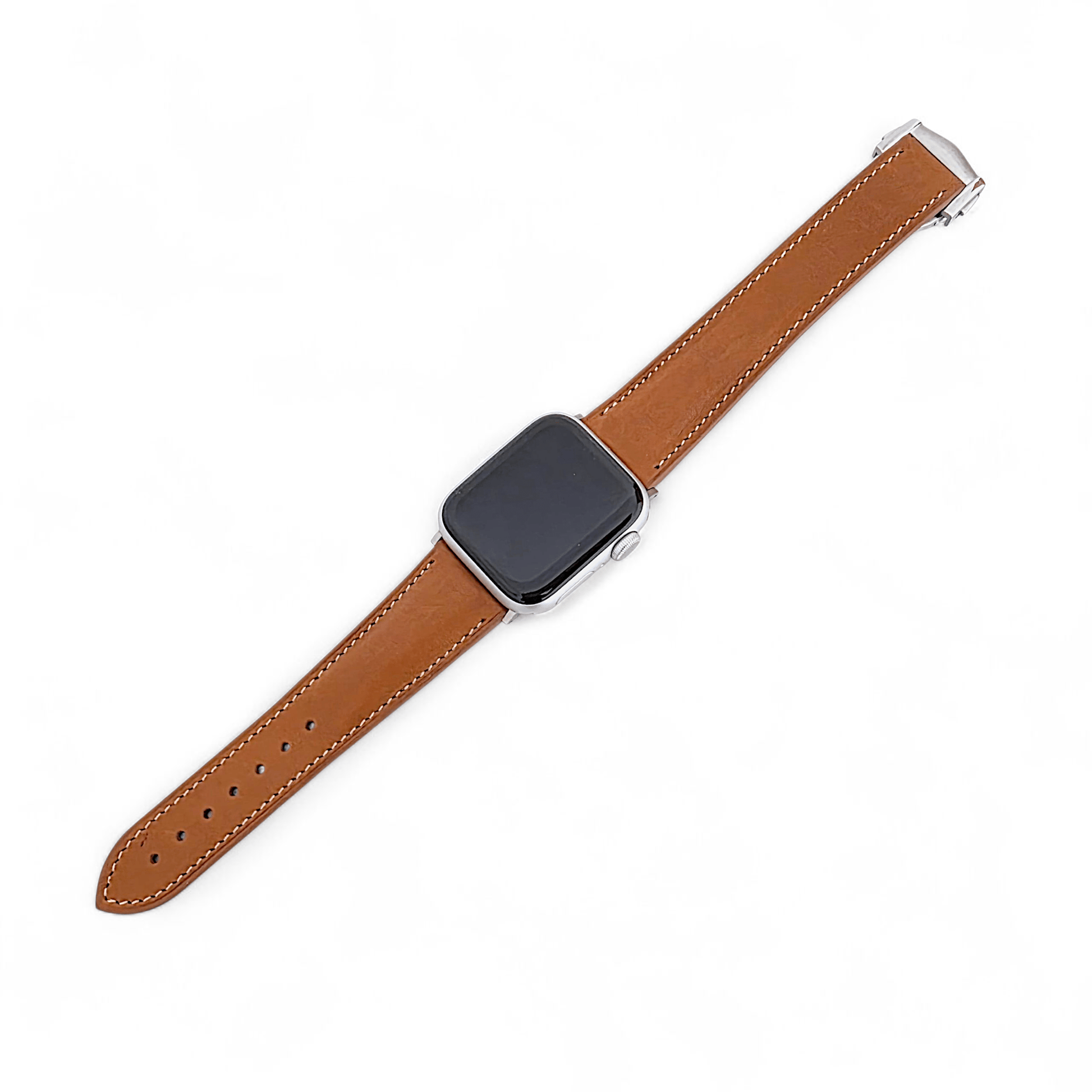 French Novanappa Leather Watch Strap With Deployment For Apple Watch Brown Stitched - Wrist Envy